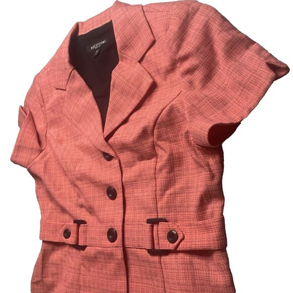 PERCEPTIONS PETITE Blouse Plaid Fitted Waist Tab Short Sleeve Womens 10P Peach - Picture 3 of 8